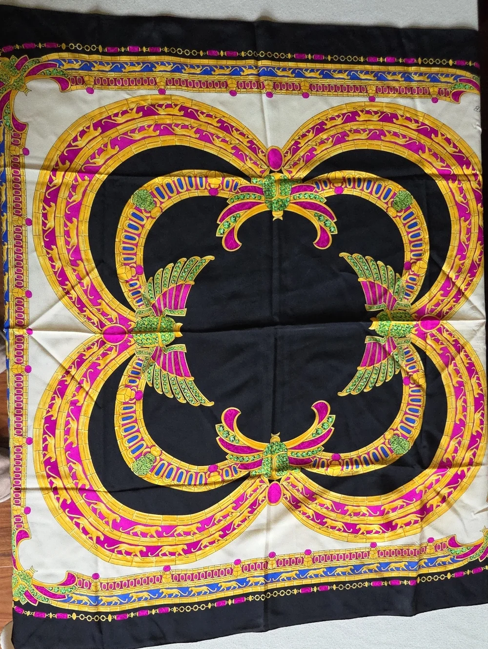 b new york Black, Pink and Gold Ornate Silk-Feel Square Scarf